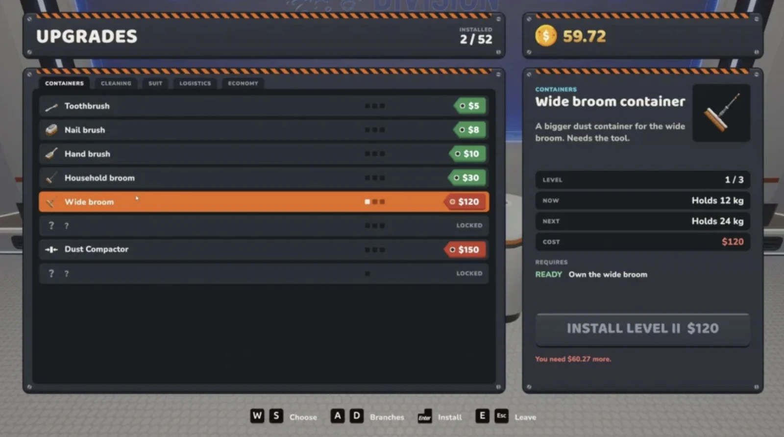 Moon Sweepers Upgrade Matrix showing the Wide Broom container level, next capacity and upgrade cost