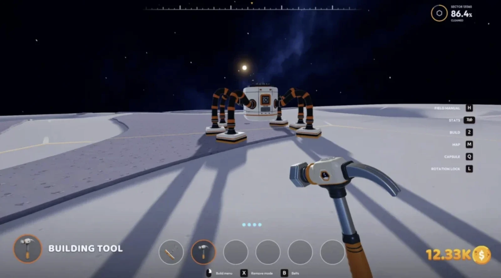 Moon Sweepers J.O.O.N.A.S. robot cleaning lunar ground while the player holds the Building Tool