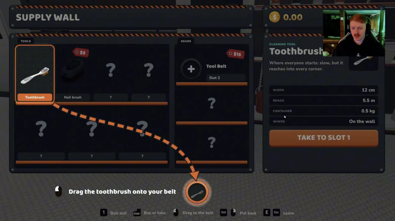Moon Sweepers Supply Wall highlighting the starting toothbrush and its tool belt slot