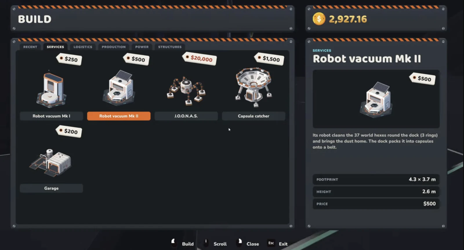 Moon Sweepers Services build menu showing Robot Vacuum Mk II alongside Joonas and Capsule Catcher