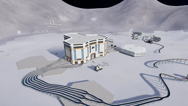 Moon Sweepers conveyor belts running between lunar buildings