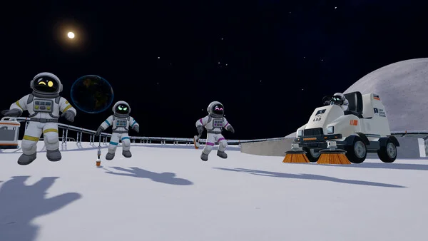 Moon Sweepers astronauts and a cleaning vehicle on the Moon