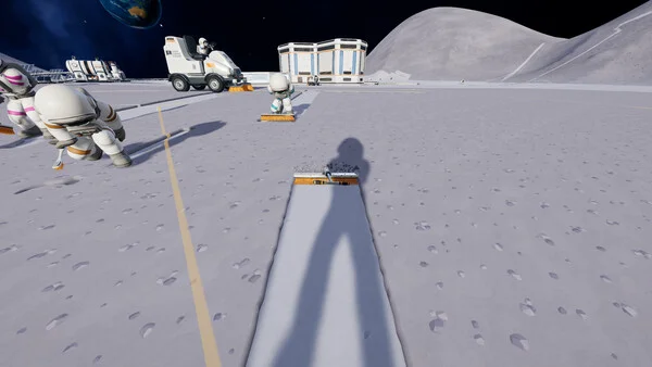 Moon Sweepers crew cleaning the lunar surface with brushes