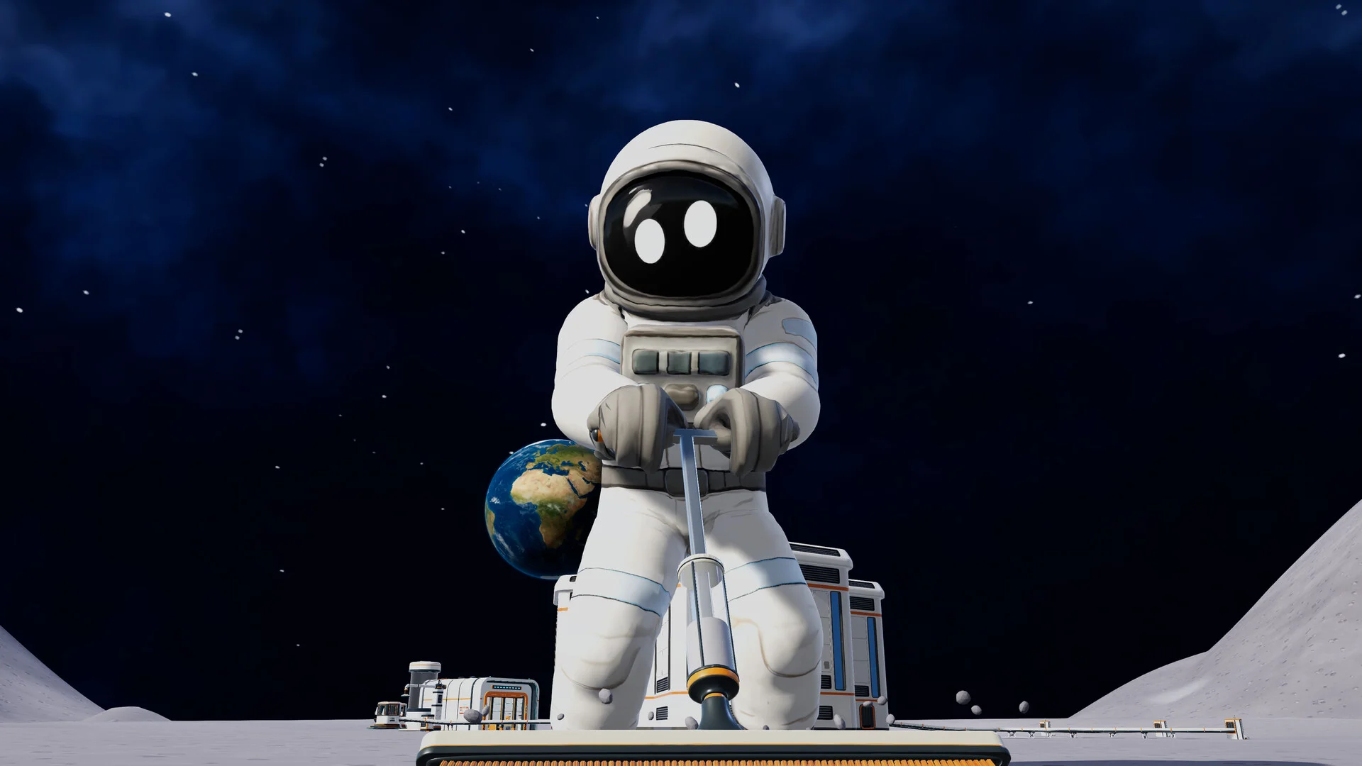 Moon Sweepers astronaut cleaning lunar dust with Earth in the distance